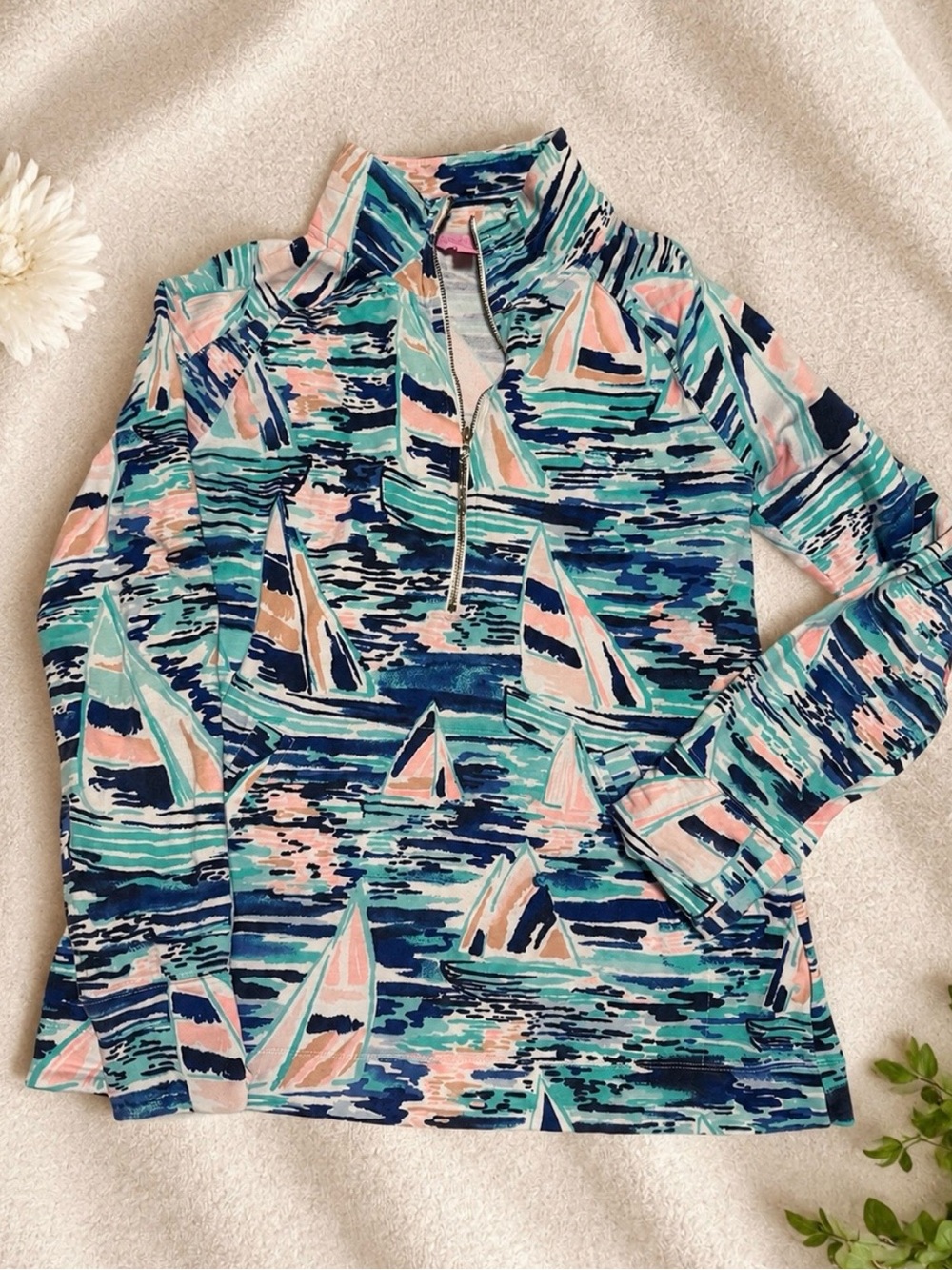 Lilly Pulitzer Pink Navy Aqua Patterned Sailboat Half-Zip Pullover